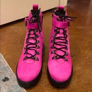 Pink fur combat boots